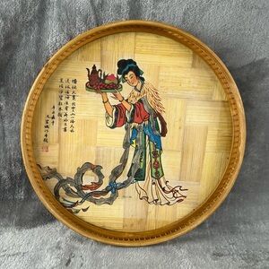 Vintage Serving Tray Asian Chinese Bamboo & Glass Hand Painted‎ Made In Taiwan
